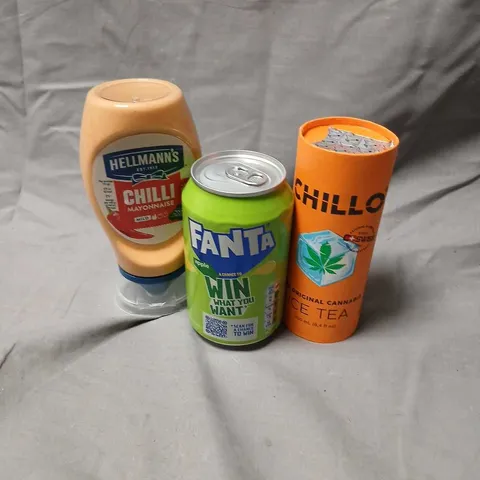 12 CHILLO THE ORIGINAL CANABIS ICE TEA CANS, EIGHT PACK OF FANTA APPLE AND TWO BOTTLES OF HELLMANS CHILLI MAYONNAISE