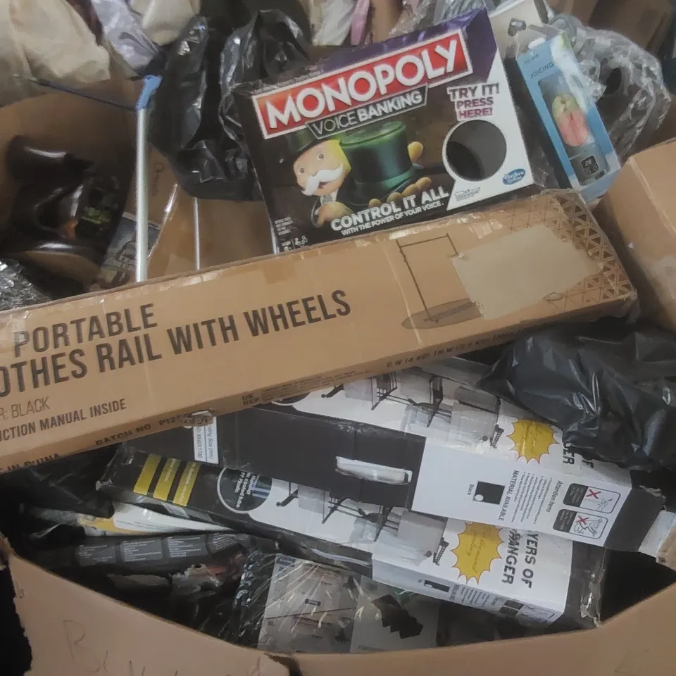 PALLET CONTAINING A VERY LARGE QUANTITY OF ASSORTED CONSUMER PRODUCTS INCLUDING: MONOPOLY GAME, PORTABLE CLOTHES RAIL, CLOTHES HANGERS, JUICING CUP ECT
