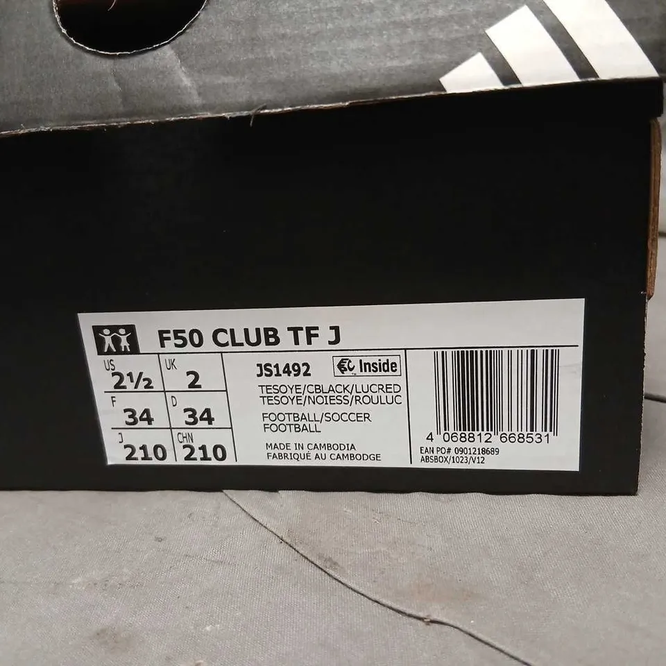 ADIDAS F50 CLUB TF J YOUTH FOOTBALL BOOTS – UK 2 (US 2.5 / EU 34) NEON YELLOW/WHITE