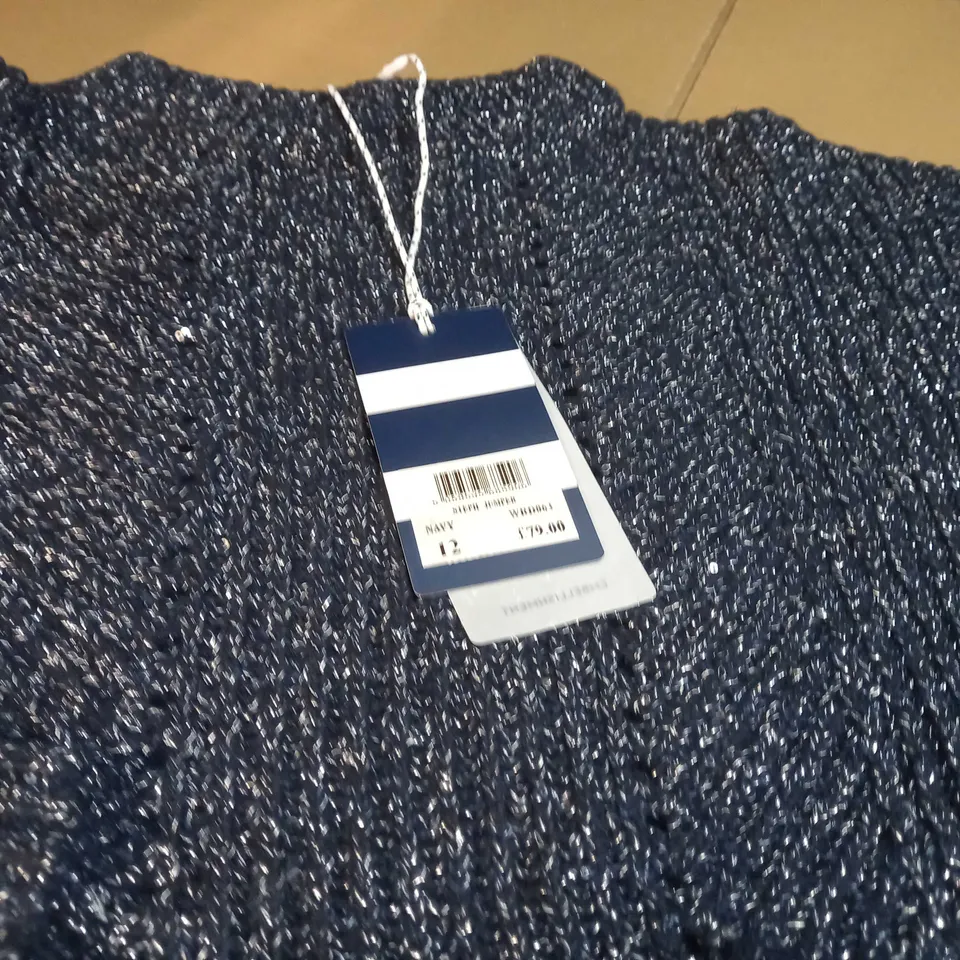 CREW CLOTHING COMPANY NAVY/SILVER KNITTED JUMPER - SIZE 12