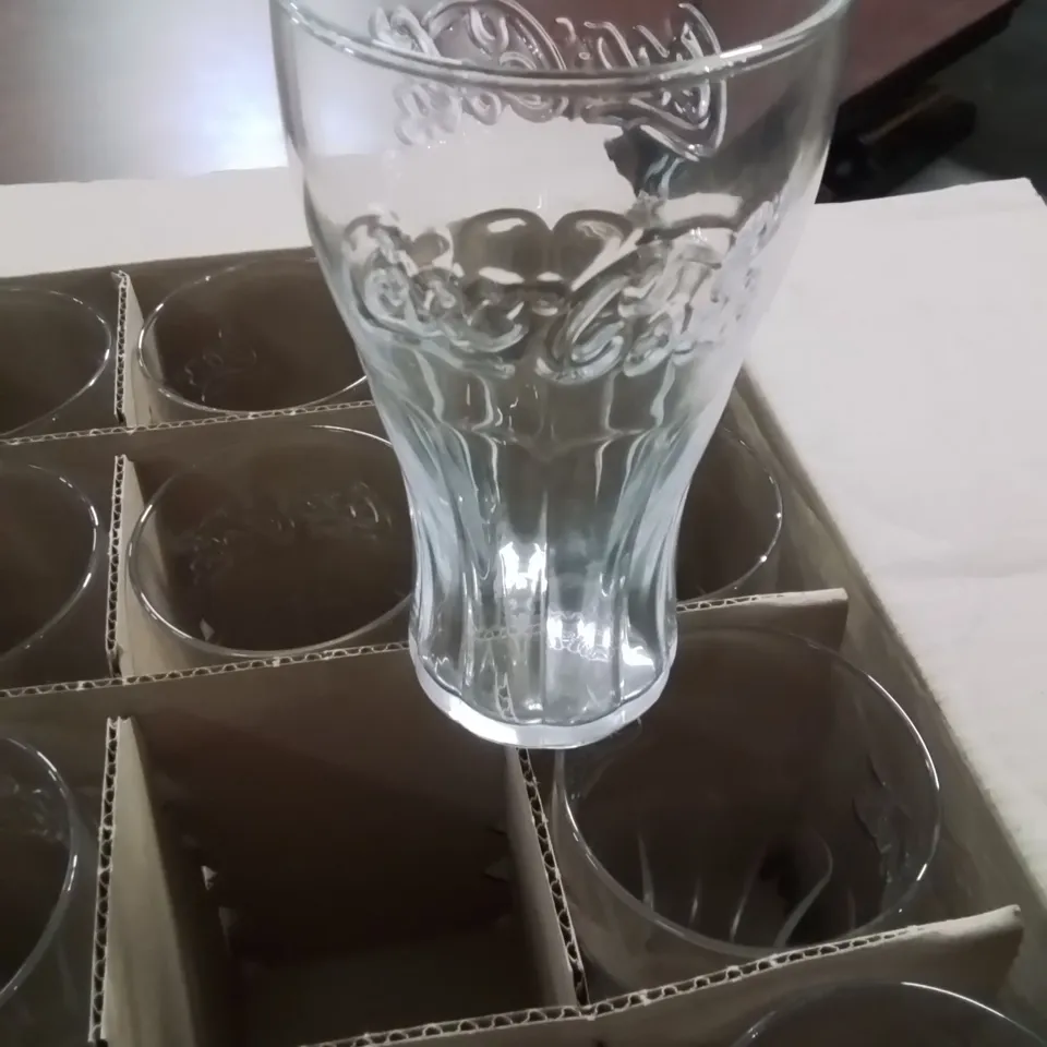 BOXED COCA COLA GENUINE CONTOUR GLASS 16 OZ APPROXIMATELY 24 PACK 