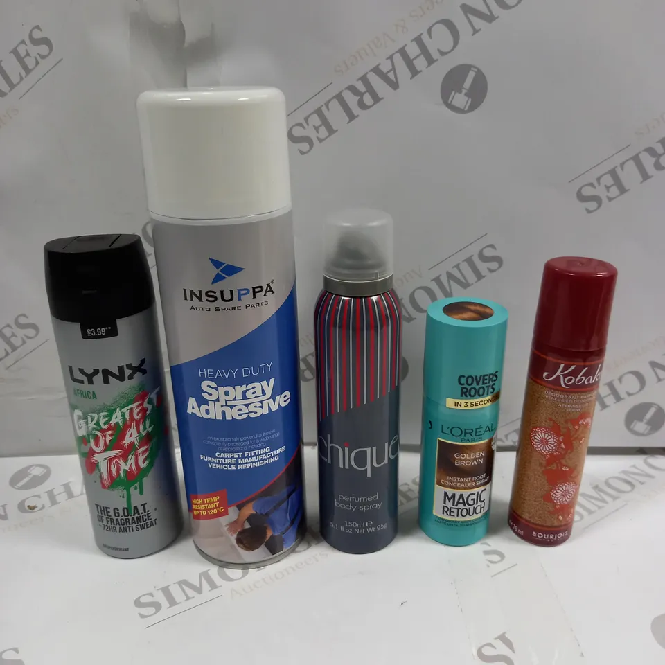 BOX OF APPROXIMATELY 30 ASSORTED AEROSOLS TO INCLUDE LYNX AFRICA, HEAVY DUTY SPRAT ADHESIVE, CHIQUE BODY SPRAY - COLLECTION ONLY