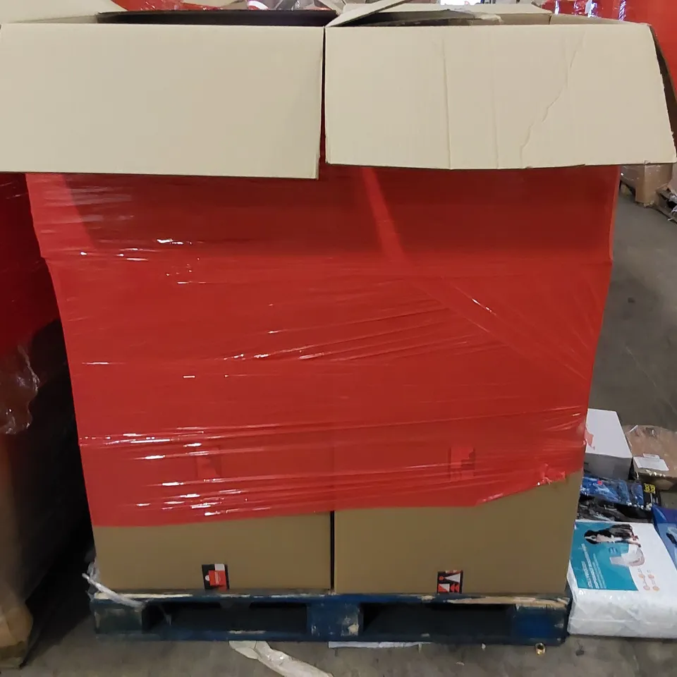 PALLET OF ASSORTED ITEMS INCLUDING: GLASS CANDLE HOLDERS, LIQUID TRANSFER PUMP, FOOTBALL GLOVES, DOG BOOSTER PADS, PAN LIDS, BAGS, CABINET HANDLES