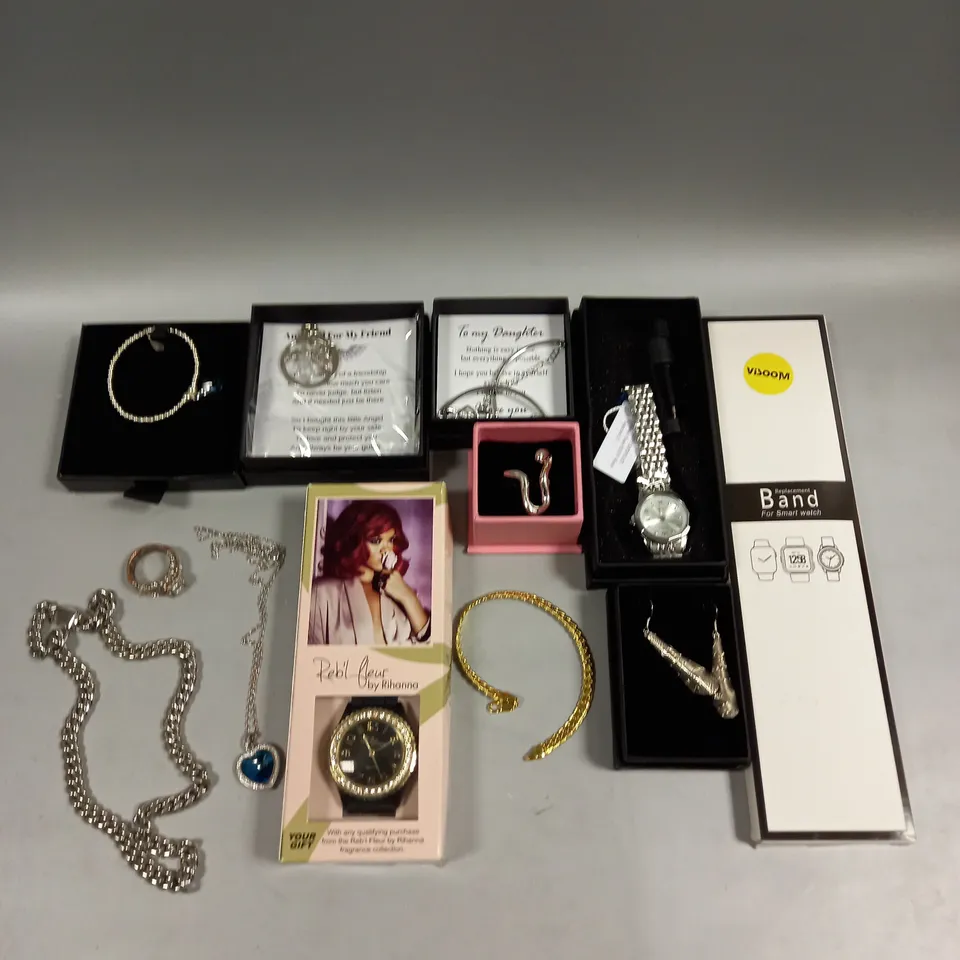 APPROXIMATELY 30 ASSORTED JEWELLERY PRODUCTS TO INCLUDE NECKLACES, EARRINGS, WATCHES ETC