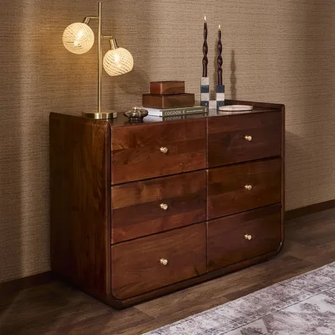 BOXED DUSK CLEO ACACIA WOOD 6 DRAWER CHEST - WALNUT (1 BOX)
