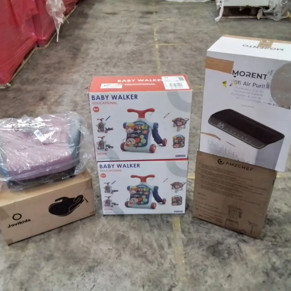PALLET OF ASSORTED HOUSEHOLD ITEMS AND CONSUMER PRODUCTS TO INCLUDE; AIR COOLERS/PURIFIERS, JOVIKIDS CAR BOOSTER SEATS, BABY WALKERS, BLENDER ETC