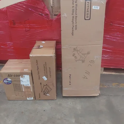PALLET OF ASSORTED PRODUCTS AND ITEMS TO INCLUDE : FOLDING WORKOUT BENCH,PAPER CUTTER,AIR COOLER