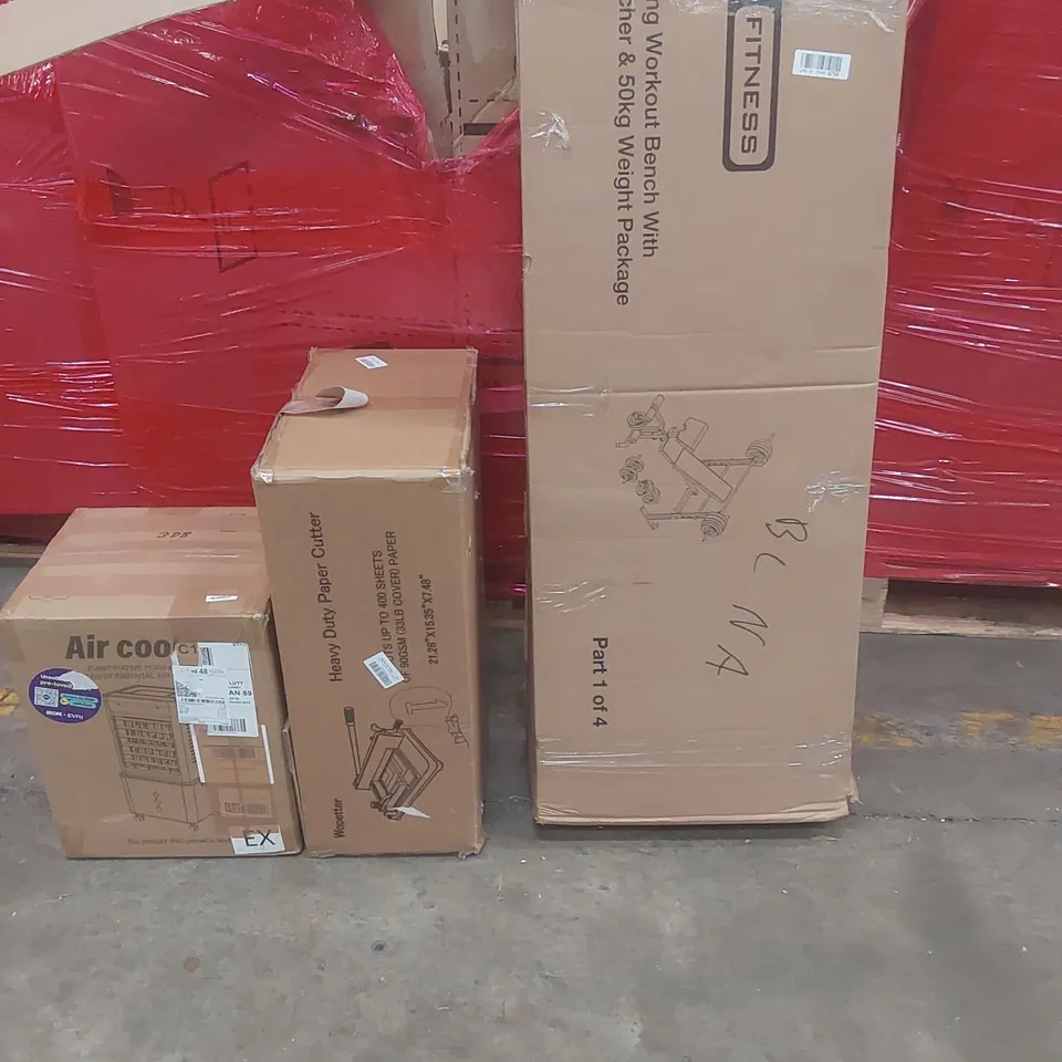 PALLET OF ASSORTED PRODUCTS AND ITEMS TO INCLUDE : FOLDING WORKOUT BENCH,PAPER CUTTER,AIR COOLER