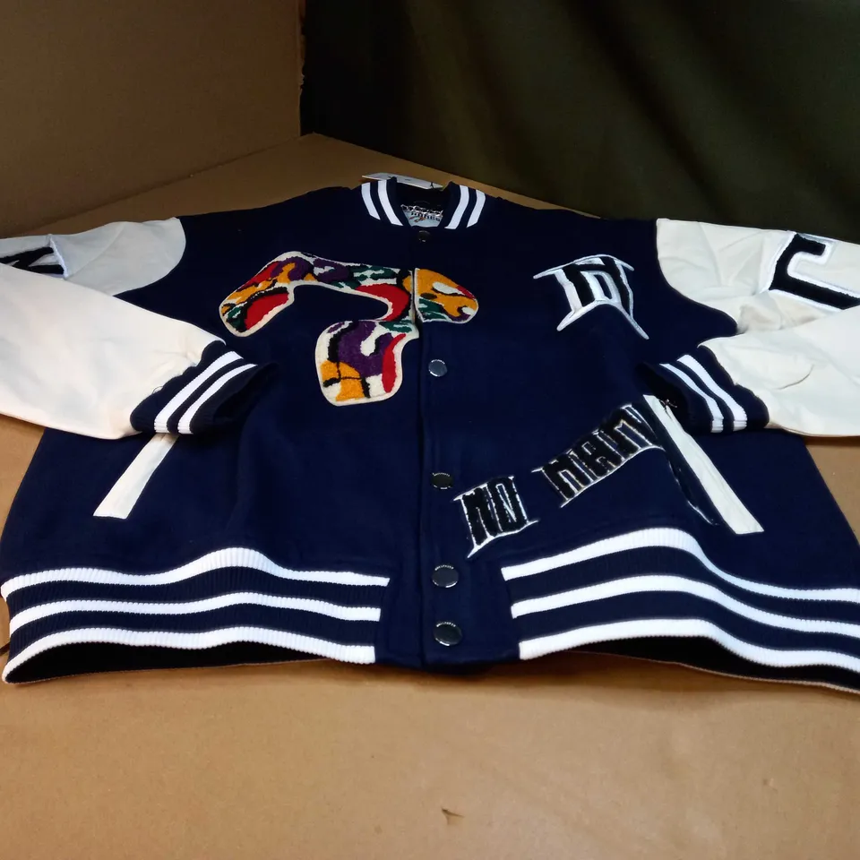 DESIGNER NAVY/CREAM FAUX LEATHER DETAILED BOMBER JACKET - MEDIUM
