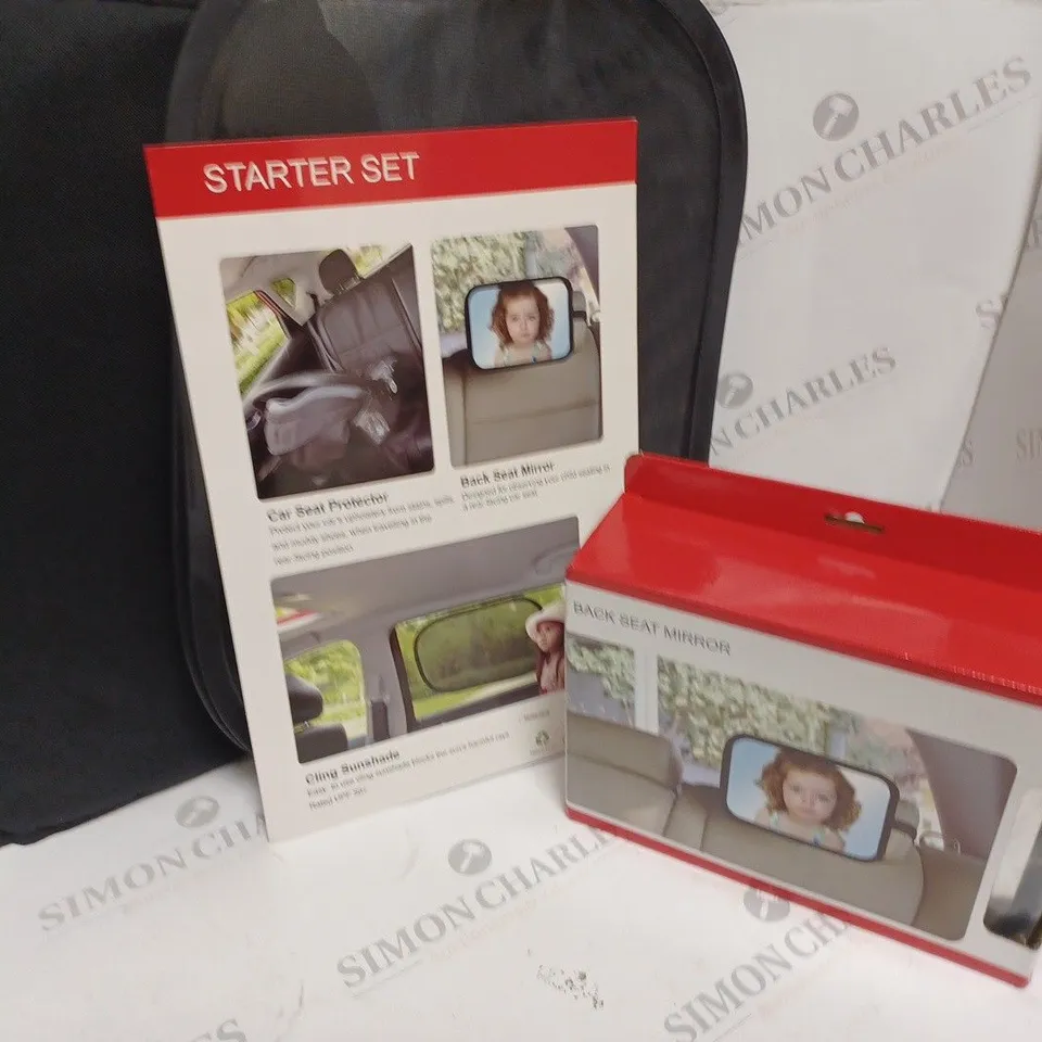 CHILDRENS BACK SEAT STARTER SET INCLUDING SEAT PROTECTOR, BACK SEAT MIRROR & CLING SUNSHADE 