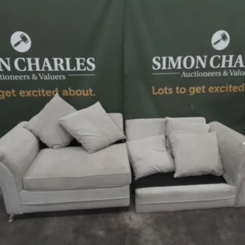DESIGNER LIGHT GREY FABRIC THREE SEATER SOFA WITH SCATTER BACK CUSHIONS 