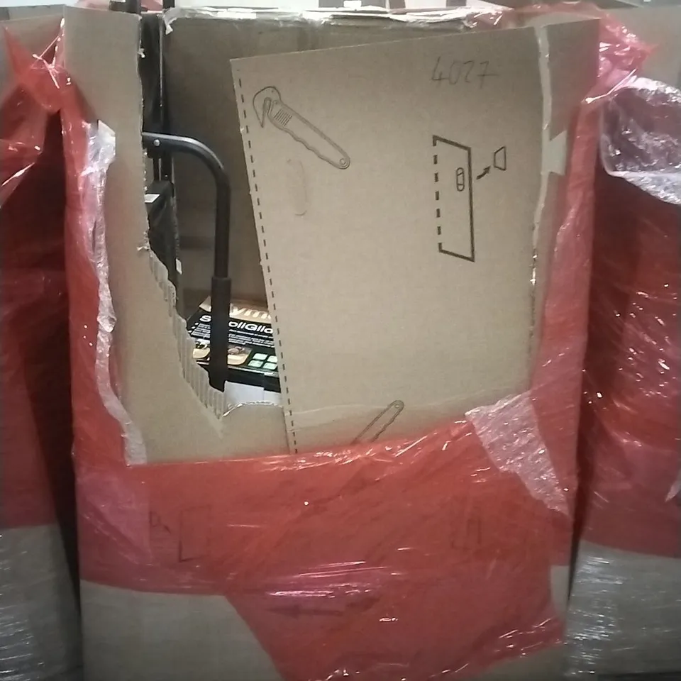 PALLET OF ASSORTED HOUSEHOLD GOODS AND PRODUCTS TO INCLUDE; LAWN MOWER, STEP LADDERS, TALL PET GATE, BOXED FURNITURE ETC
