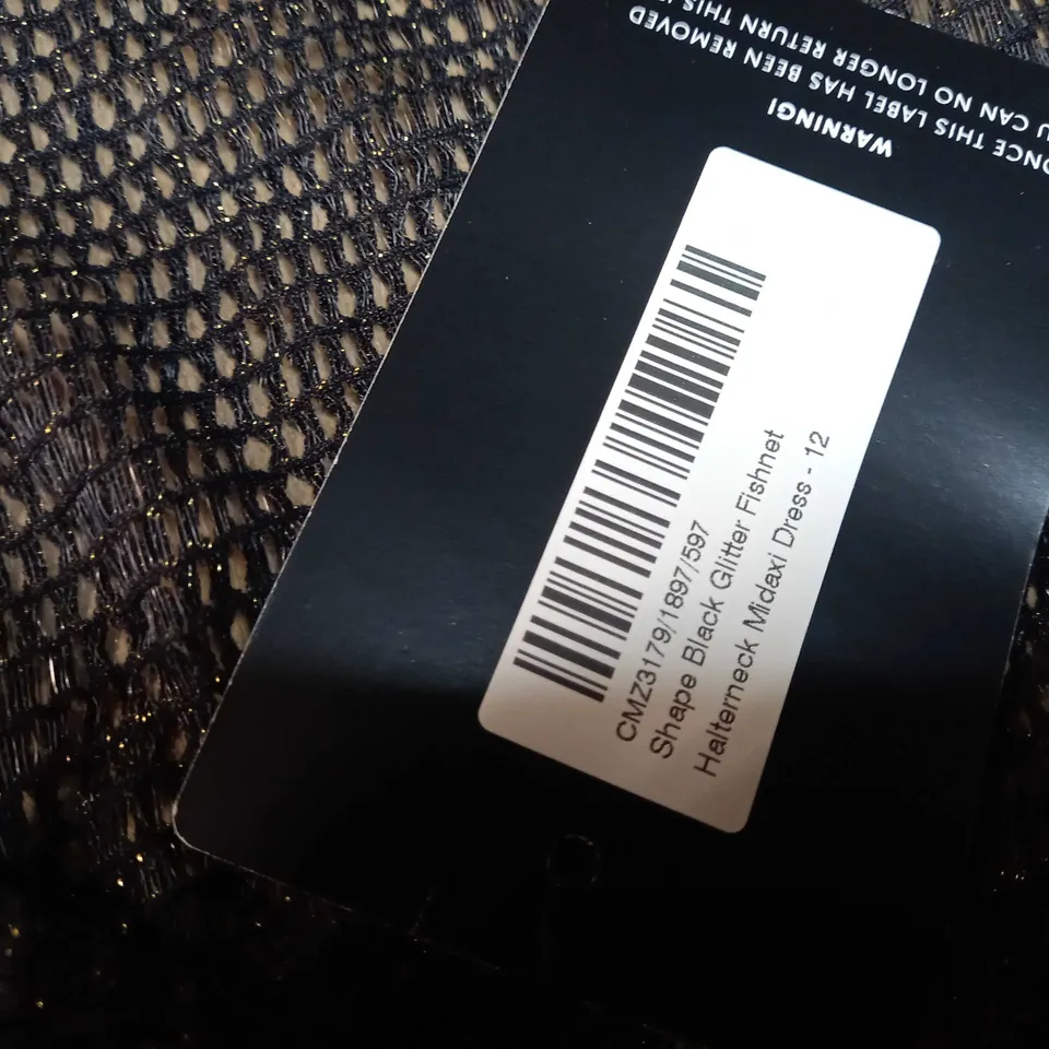 PRETTYLITTLETHING SHAPE BLACK GLITTER FISHNET HALTERNECK MIDAXI DRESS - SIZE 12