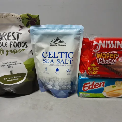 TOTE OF APPROXIMATELY 14 ASSORTED FOOD ITEMS TO INCLUDE - CELTIC SEA SALT , FOREST WHOLE FOOD CINNAMON POWDER , WAFER CHOCO ETC