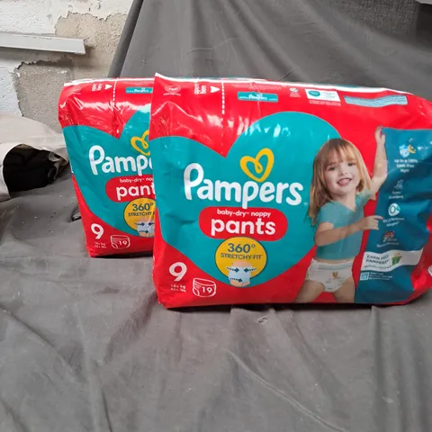 LOT OF 2 PAMPERS BABY-DRY NAPPY PANTS - SIZE 9 - 19+KG - 19 PER PACK
