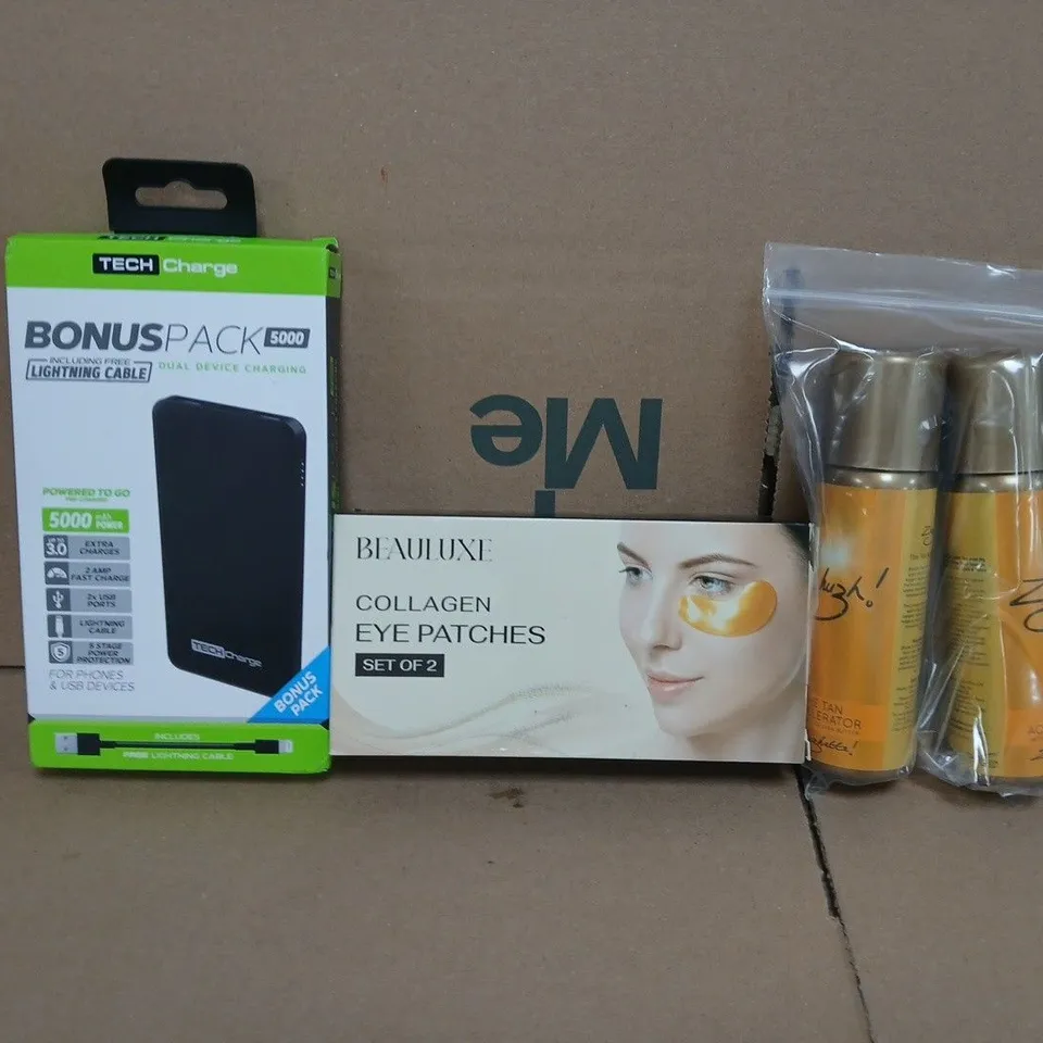 BOX OF APPROXIMATELY 15 ASSORTED HOUSEHOLD ITEMS TO INCLUDE COLLAGEN EYE PATCHES, POWER BANK, ETC