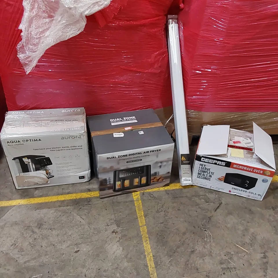 PALLET OF ASSORTED ITEMS INCLUDING: AIR FRYER, MICROWAVE OVEN, HOT/COLD WATER PURIFIER, ROLLER BLINDS ECT