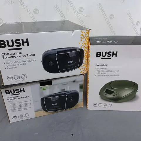 3 BOXED BUSH PRODUCTS TO INCLUDE 2 CD/CASSETTE BOOMBOX WITH RADIOS, 1 BOOMBOX