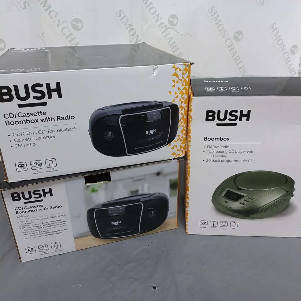 3 BOXED BUSH PRODUCTS TO INCLUDE 2 CD/CASSETTE BOOMBOX WITH RADIOS, 1 BOOMBOX