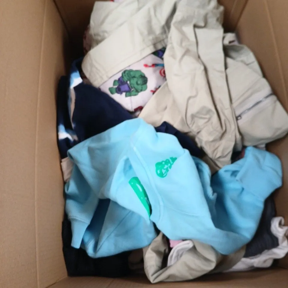 BOX OF APPROXIMATELY 25 ASSORTED KIDS CLOTHING IN VARIOUS STYLES , COLOURS AND SIZES 
