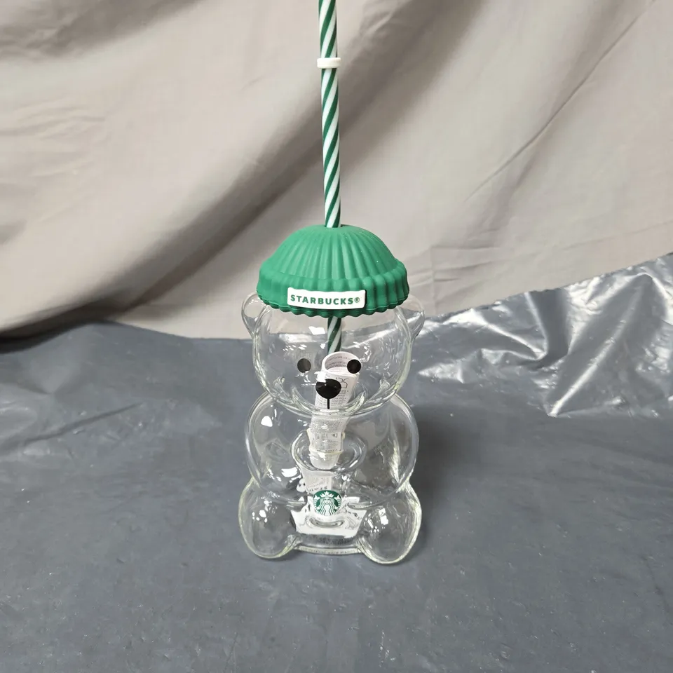 STARBUCKS BEAR BOTTLE – CLEAR GLASS BEAR-SHAPED DRINKWARE WITH GREEN STRAW BOXED