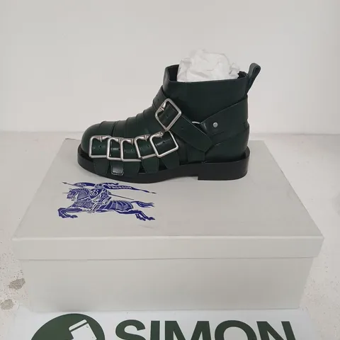 BURBERRY GREEN LEATHER BUCKLED ANKLE BOOTS, UK 5 (EU 38)