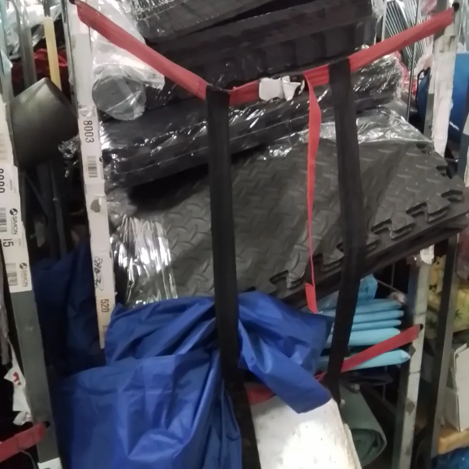 CAGE OF ASSORTED HOUSEHOLD GOODS AND PRODUCTS TO INCLUDE;FOAM MATS,COOLER BOX,PARASOL BASE