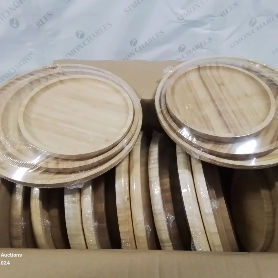 BOX OF 12 SEALED SETS OF 3 NESTS OF WOODEN CIRCULAR SERVING TRAYS