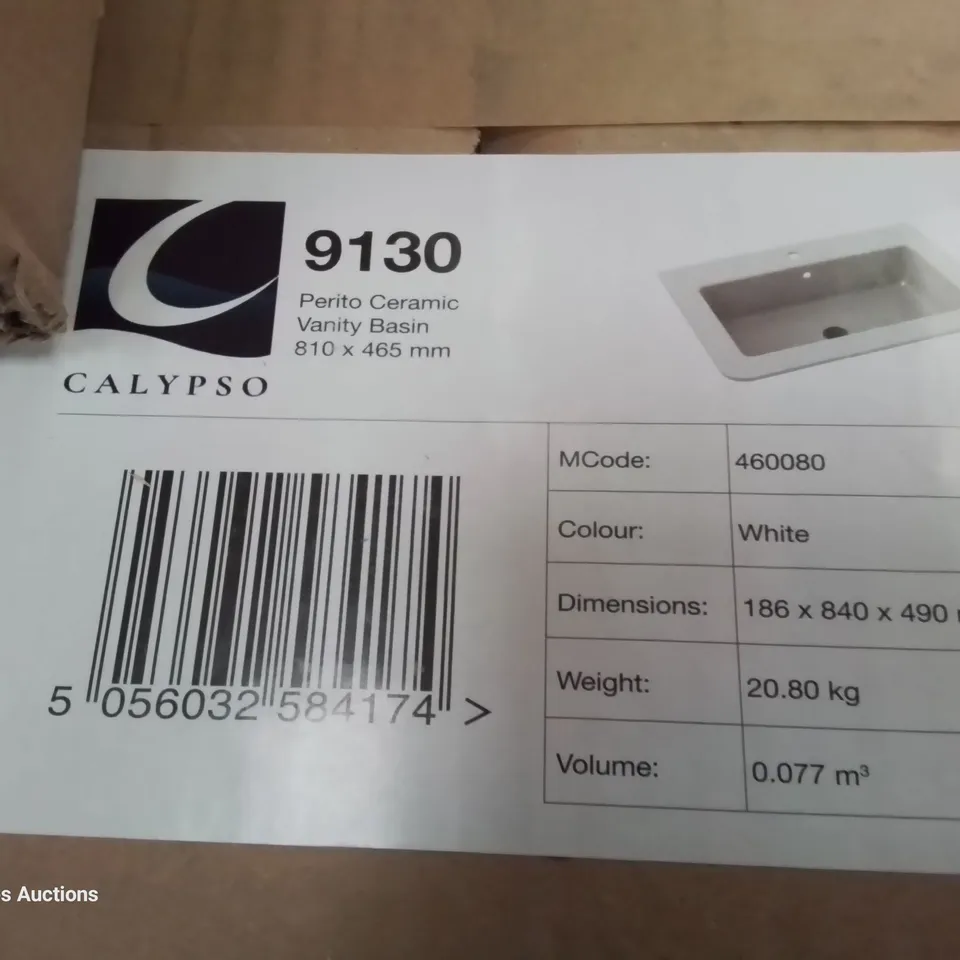 BOXED CALYPSO CERAMIC SINGLE TAP VANITY BASIN WHITE 810 × 465mm