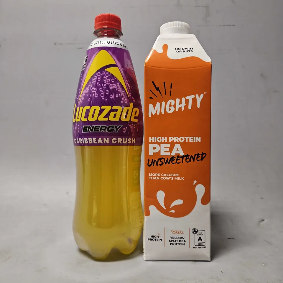 TOTE OF APPROXIMATELY 6 ASSORTED FOOD ITEMS TO INCLUDE - LUCOZADE , MIGHTY HIGH PROTEIN PEA UNSWEETENED 