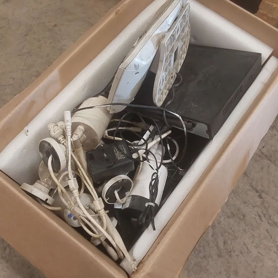 BOX CONTAINING A LARGE QUANTITY OF ASSORTED ELECTRICAL PRODUCTS INCLUDING: SECURITY CAMERAS, WIFI ROUTER, TELEPHONE ECT