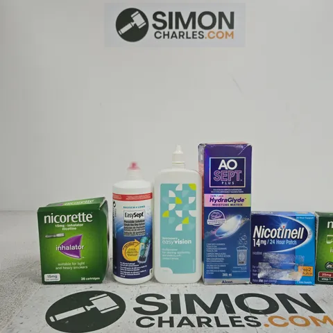 TOTE OF APPROXIMATELY 10 ASSORTED ITEMS INCLUDING NICORETTE INVISIPATCH, NICOTINELL 24 HOUR PATCH AND AO SEPT HYDRA GLYDE