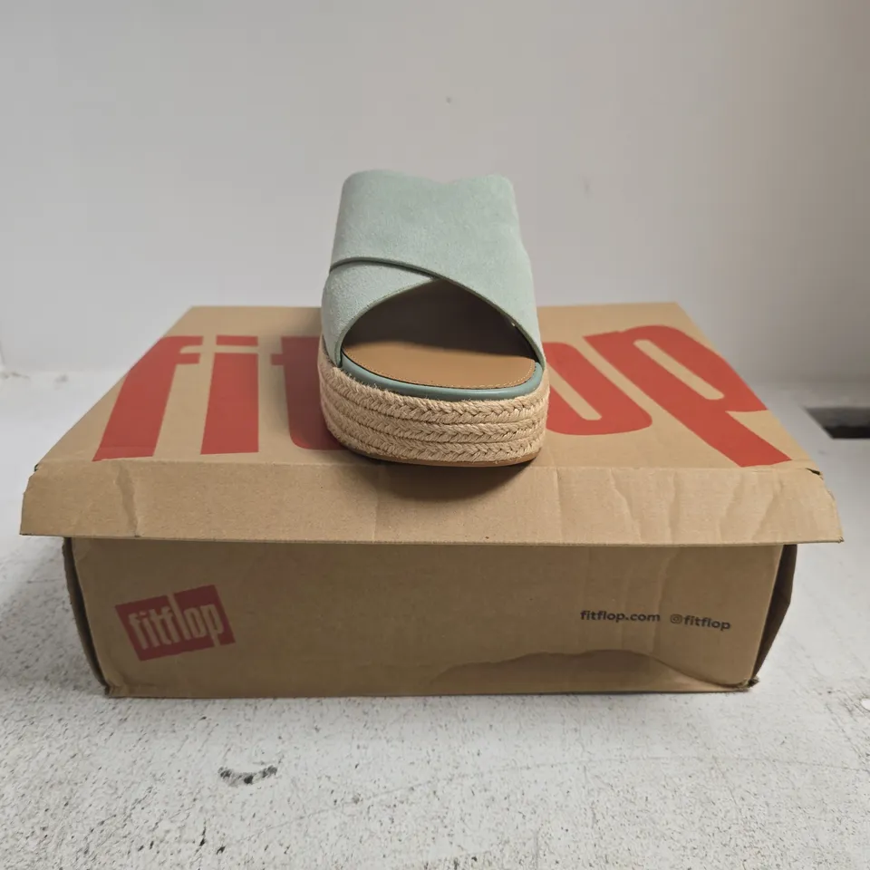 BOXED PAIR OF FITFLOP PLATFFORMS ESPADRILLE SUEDE WEDGE CROSS SLIDES IN FROSTED SAGE SIZE UK 6.5