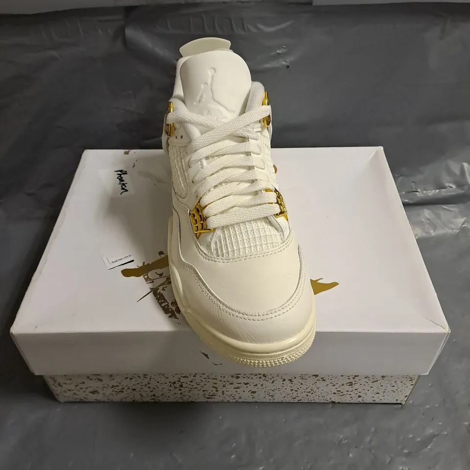 BOXED PAIR OF JORDAN 4 RETRO IN METALLIC GOLD/WHITE SIZE WOMENS UK 5.5