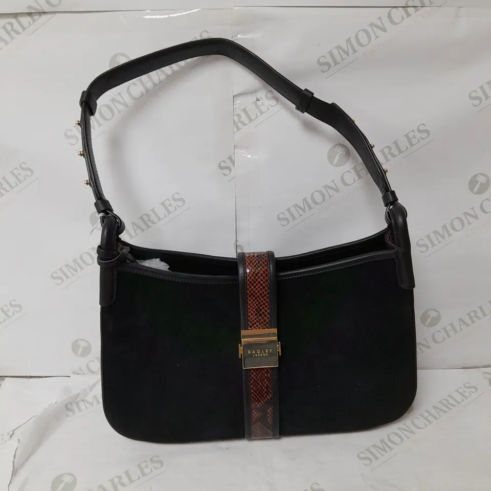 RADLEY LONDON SUEDE HANDBAG IN BLACK WITH ANIMAL PRINT DETAIL