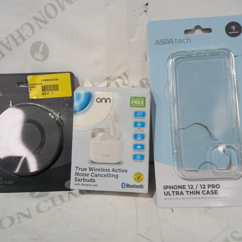 BOX OF APPROXIMATELY 15 ASSORTED ELECTRICAL ITEMS TO INCLUDE ASDA TECH IPHONE 12 THIN CASE, ONN TRUE WIRELESS ACTIVE NOISE CANCELLING EARBUDS, ASDA TECH WIRELESS CHARGING PAD, ETC