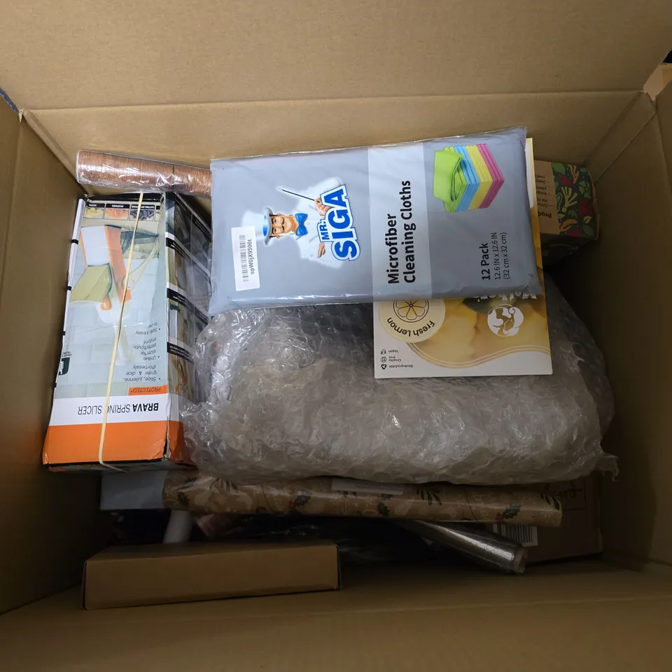 BOX OF APPROXIMATELY 15 ASSORTED HOUSEHOLD ITEMS TO INCLUDE CLEANING CLOTHS, WALLPAPER AND WRAPPING PAPER 