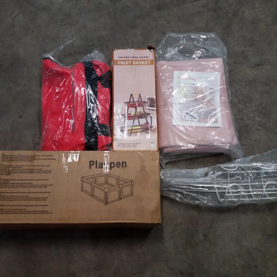 PALLET OF ASSORTED PRODUCTS INCLUDING PLAYPEN, FRUIT BASKET, AREA RUG, KIT BAG, TOILET PAPER STORAGE 