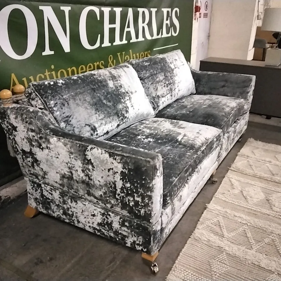 BRAND NEW DURESTA DERWENT GREY CRUSHED VELVET THREE SEATER SOFA WITH TWO ARM COVERS RRP £8500