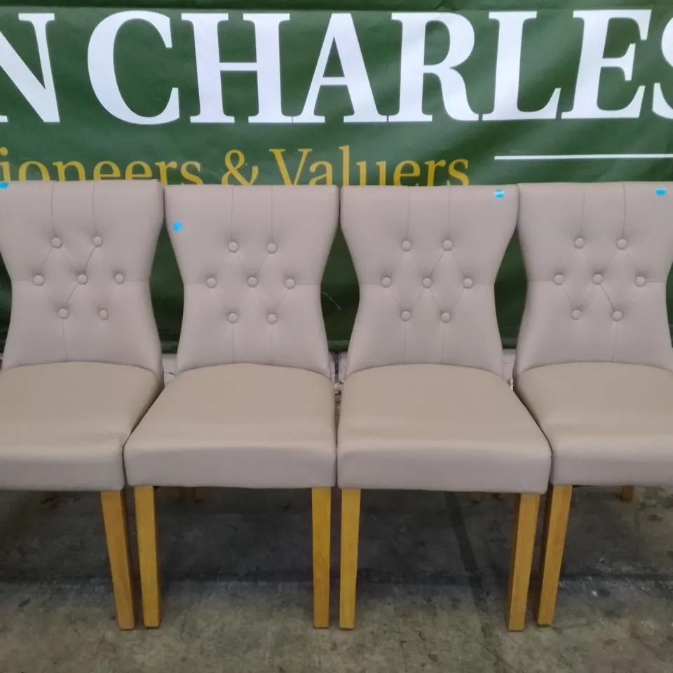 SET OF 4 NEW BEWLEY STONE GREY LEATHER BUTTON BACK DINING CHAIRS (OAK LEG)