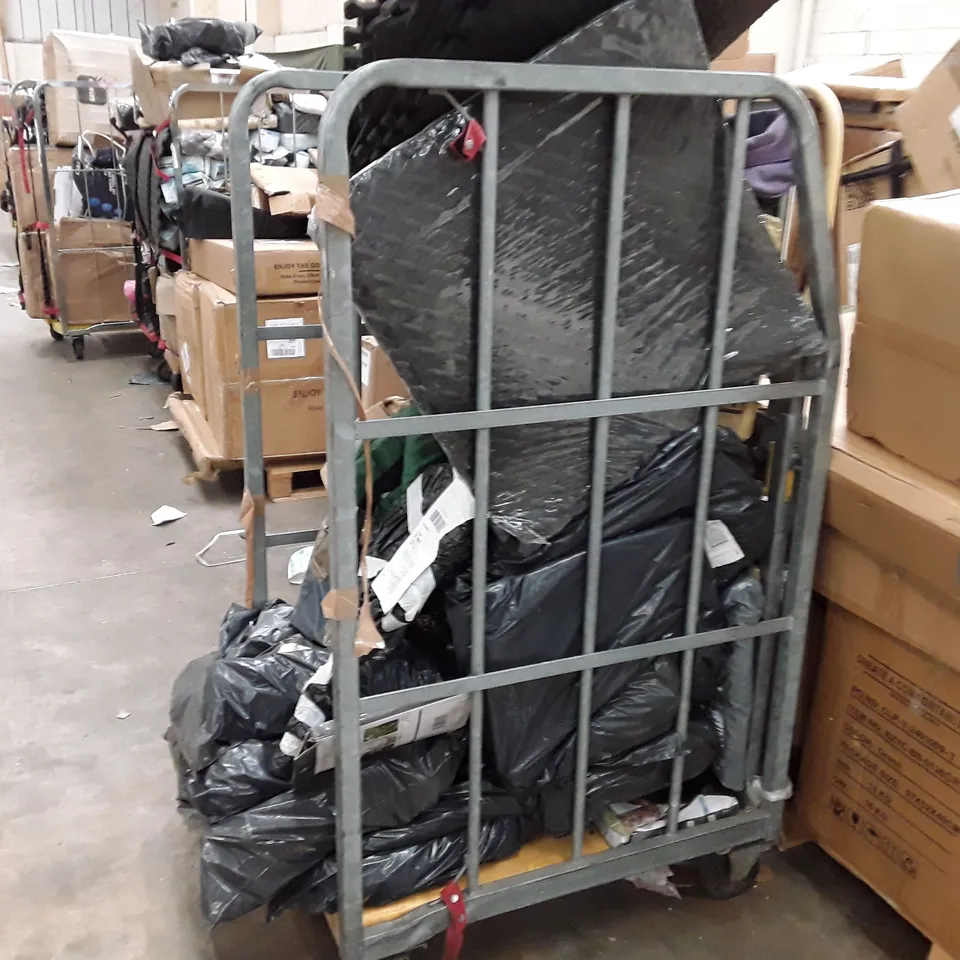 CAGE TO INCLUDE AN ASSORTMENT OF HOUSEHOLD ITEMS, FOAM MATTS TRASH CANS, SOFT SHELL SUITCASES ECT