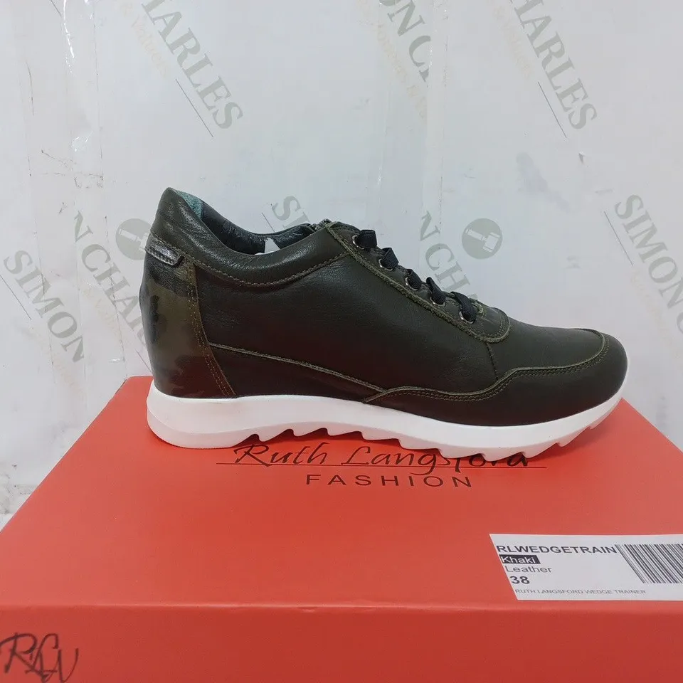 BOXED PAIR OF RUTH LANGSFORD WEDGE TRAINERS IN KHAKI SIZE 5