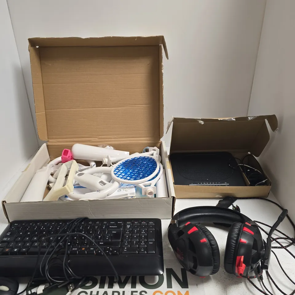 BOX OF APPROXIMATELY 10 VARIOUS ITEMS INCLUDING ONIKUMA HEADPHONES, TECHNICOLOR DGA4135 AND A LOGITECH KEYBOARD