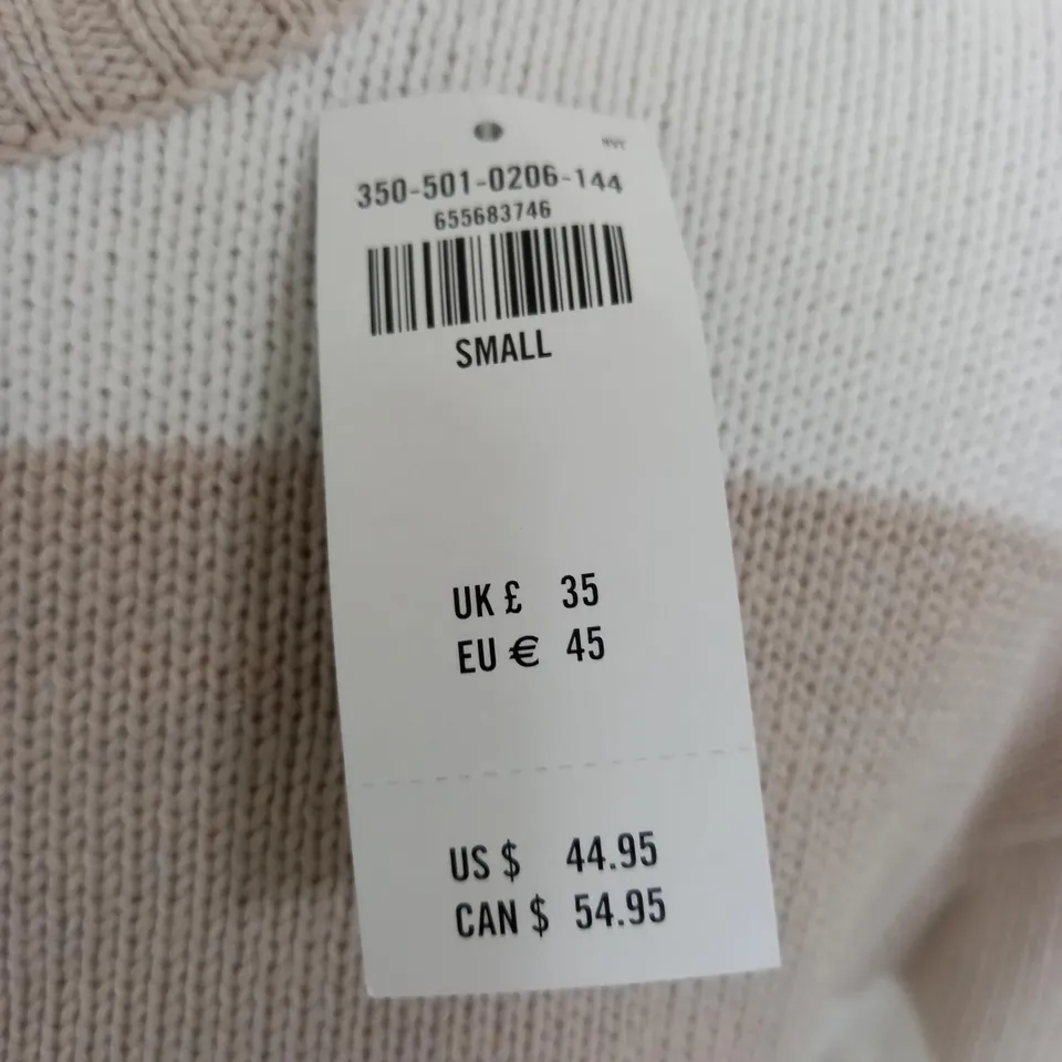 HOLLISTER KNIT CREW JUMPER IN WHITE/TAUPE - SMALL