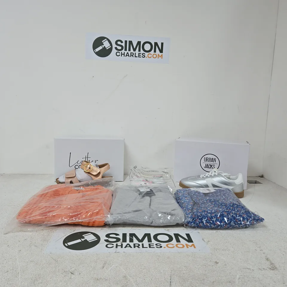BOX OF APPROXIMATELY 10 ASSORTED CLOTHES AND SHOES IN VARIOUS SIZES, COLOURS AND STYLES