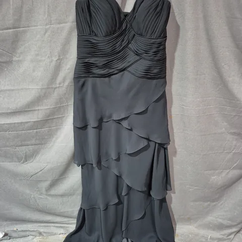 BLACK WOMEN'S EVENING DRESS WITH RUCHED BODICE AND LAYERED SKIRT - SIZE 12