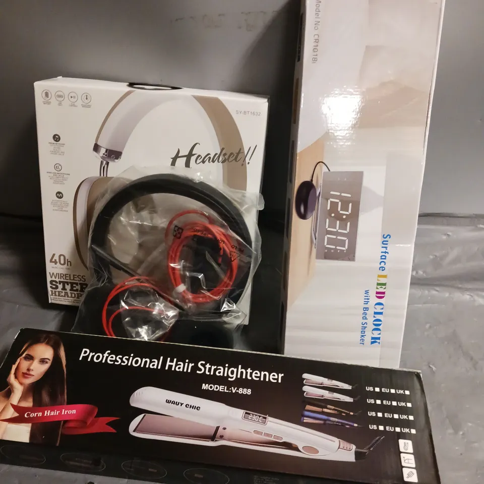 APPROXIMATELY 7 ASSORTED ELECTRICALS TO INCLUDE HAIR STRAIGHTENERS, HEADPHONES, LED CLOCK ETC