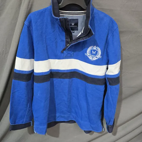 CREW CLOTHING COMPANY BLUE RUGBY-STYLE TOP, XL, CREST PATCH WITH 'CREW 93 ANNO DOMINI'