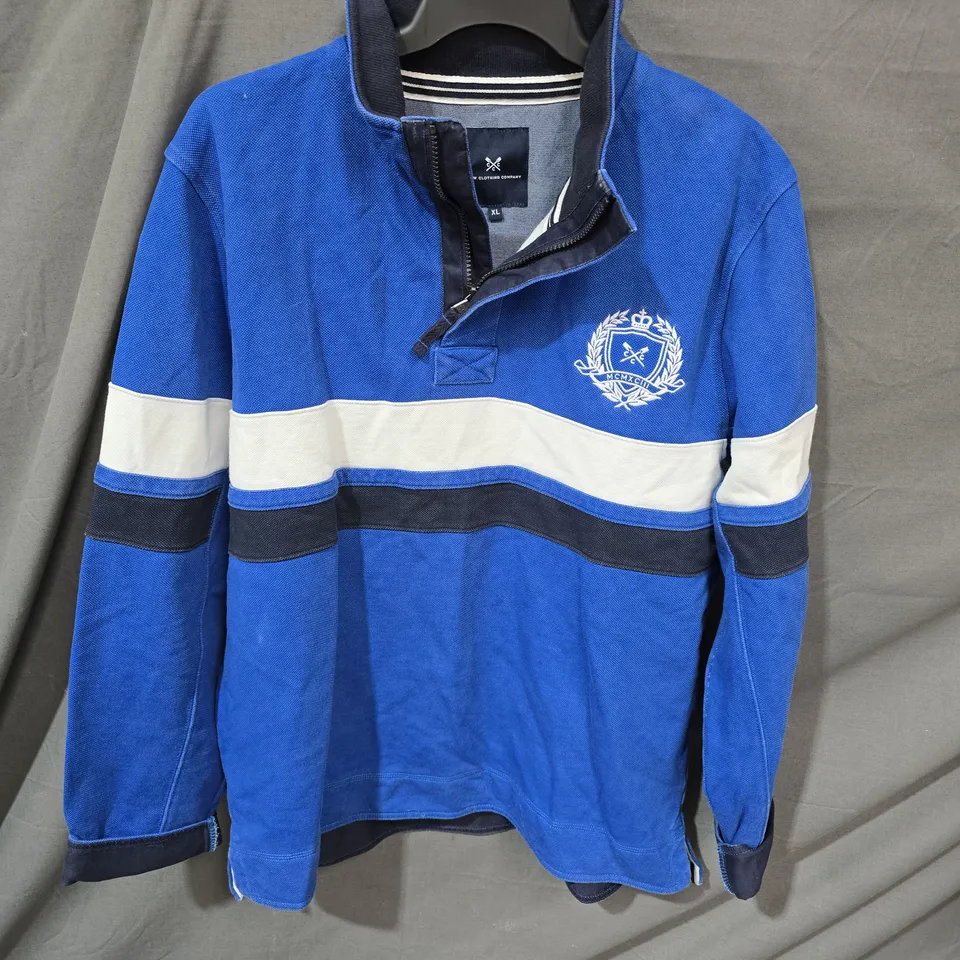 CREW CLOTHING COMPANY BLUE RUGBY-STYLE TOP, XL, CREST PATCH WITH 'CREW 93 ANNO DOMINI'