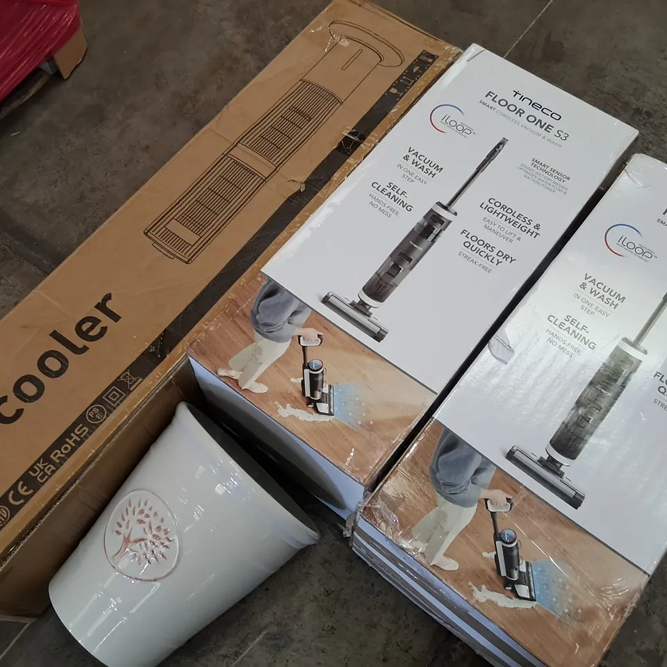 PALLET OF ASSORTED HOUSEHOLD ITEMS TO INCLUDE AIR COOLER, PLANT POT AND MULTIPLE SMART CORDLESS VACUUMS 